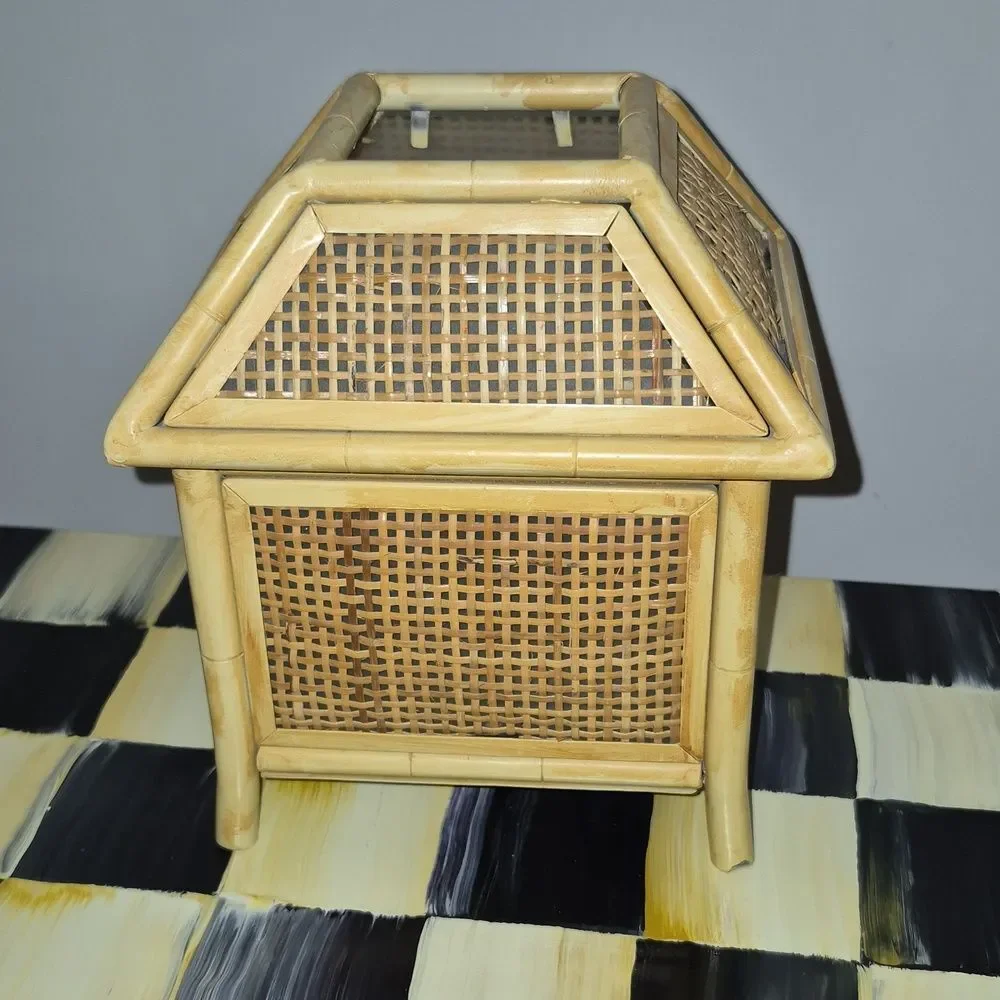 Vintage Metal Bamboo & Raffia MCM Tiki Hut Tea Light Holder Boho